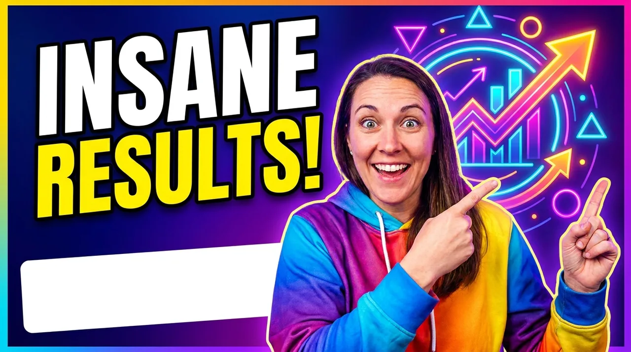 Example thumbnail made with AI Thumbnail Maker: an excited creator pointing at bold neon graphics next to the crisp title text INSANE RESULTS